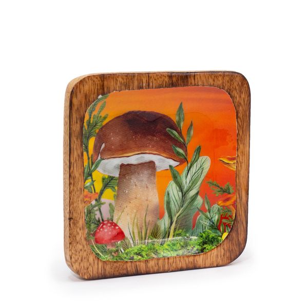 Veľký Štvorcový Podnos na Drobnosti 15x15x2,5cm - Hríbový Dizajn Gaštanový