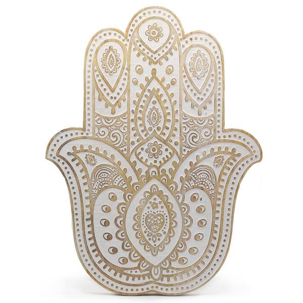 Nástenná Dekorácia Hamsa z Mangového Dreva – Biela Vymývaná – 52 cm