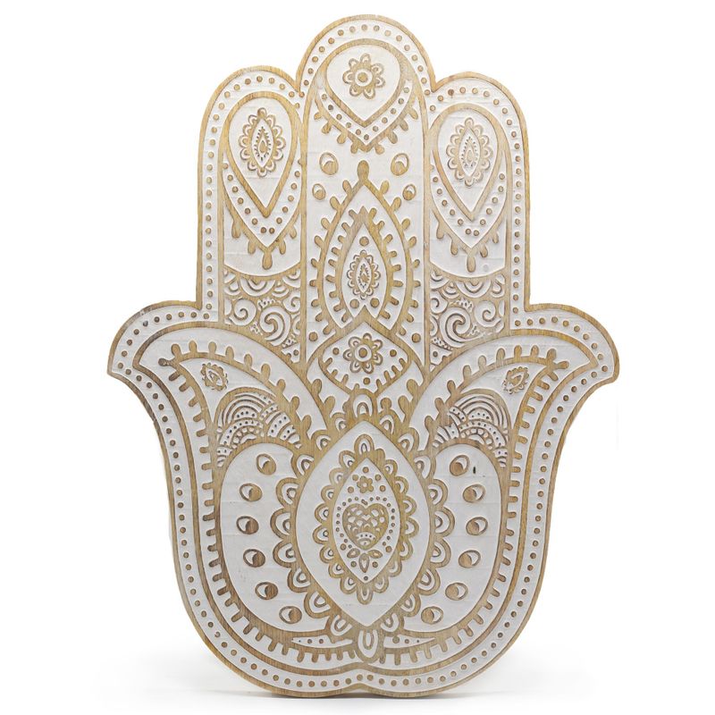 Nástenná Dekorácia Hamsa z Mangového Dreva – Biela Vymývaná – 52 cm