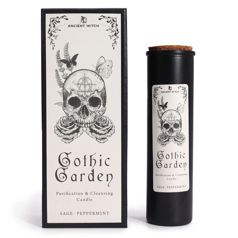 Gothic Garden starodávna čarodejnická rituálna sviečka a zodpovedajúca darčeková krabička, pohľad spredu