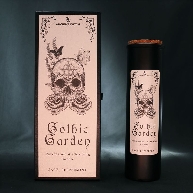 Gothic Garden rituálna sviečka zobrazená so svojím ilustrovaným obalom