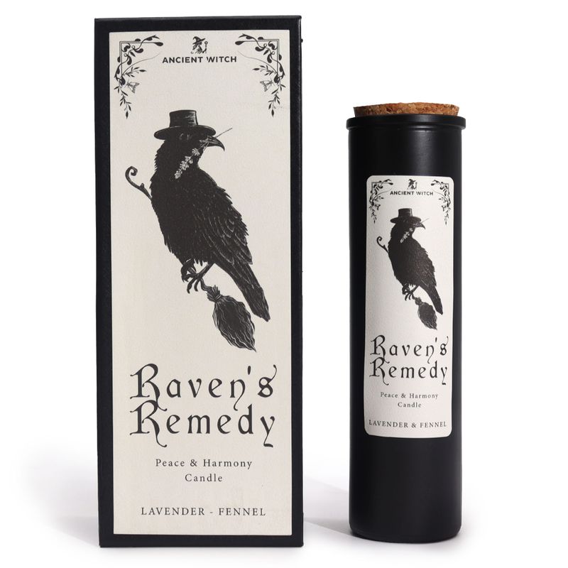 Raven's Remedy starodávna čarodejnícka rituálna sviečka a zodpovedajúca darčeková krabička, pohľad spredu