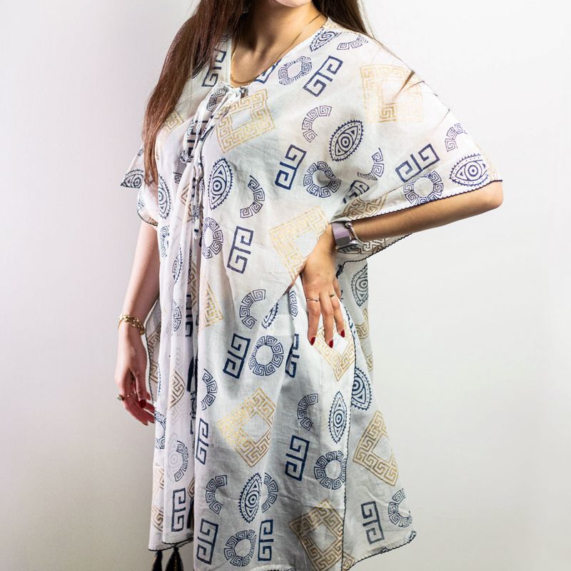 Nomád Sari - Kaftan - Zlatý a Modrý Grécky Motív - Ručne Maľovaný
