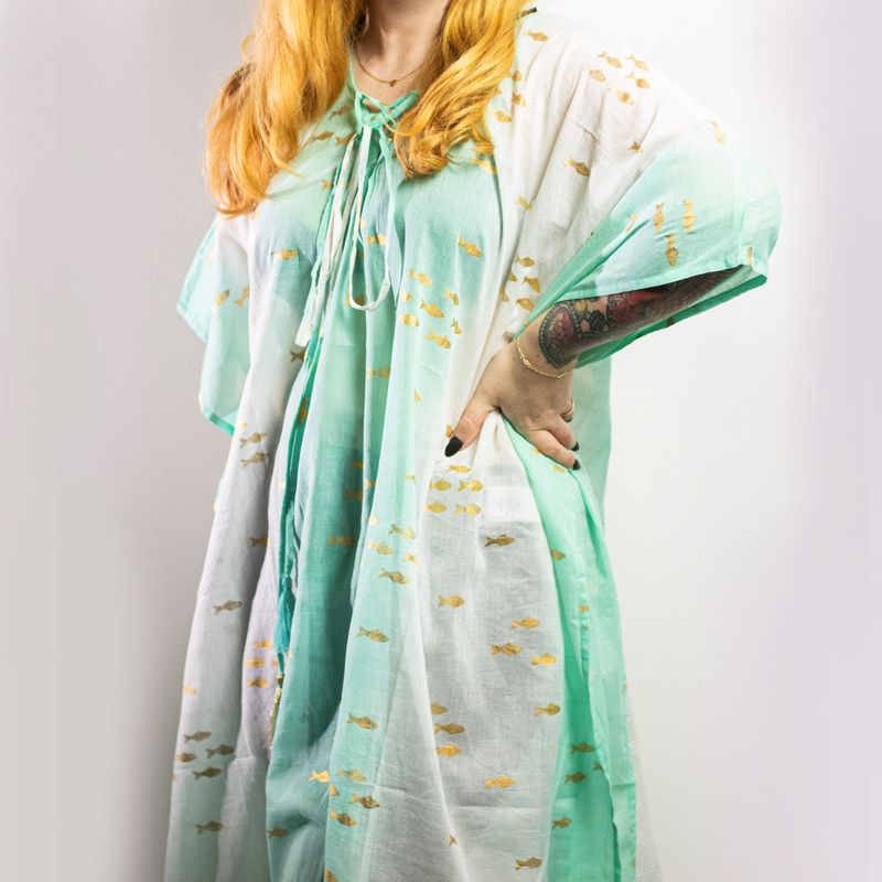 Nomád Sari - Kaftan - Biely & Tyrkysový - Design Zlaté Ryby