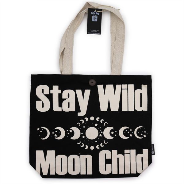 Ikonická Základná Taška - Stay Wild, Mood Child - Čierna Prírodná 10 oz (36x43x10 cm)