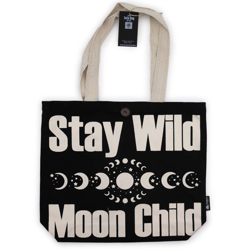 Ikonická Základná Taška - Stay Wild, Mood Child - Čierna Prírodná 10 oz (36x43x10 cm)