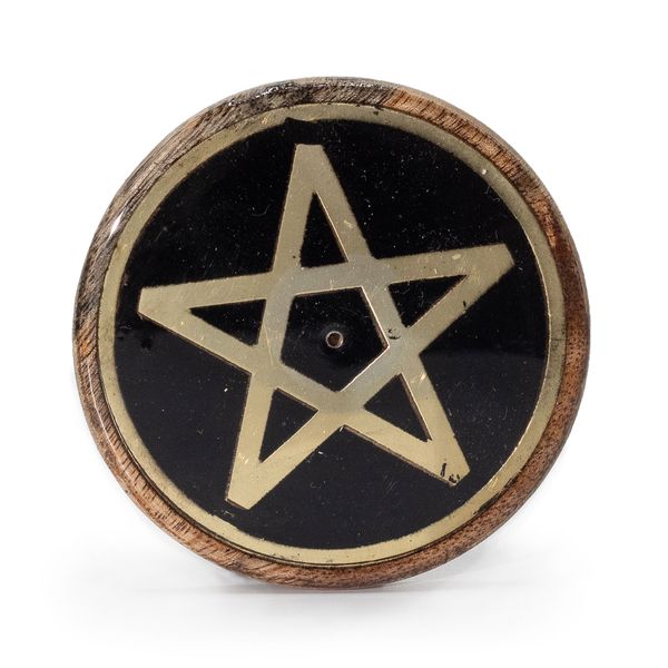 Stojan na Vonné Tyčinky - Zlatý a Čierny na Mangovom Dreve - Pentagram