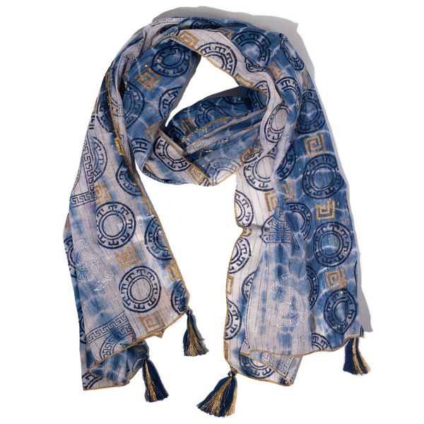 Nomad Sari - Letná Šatka - 180x50cm - Potlač Marbella - Modrá so Zlatým Lemom