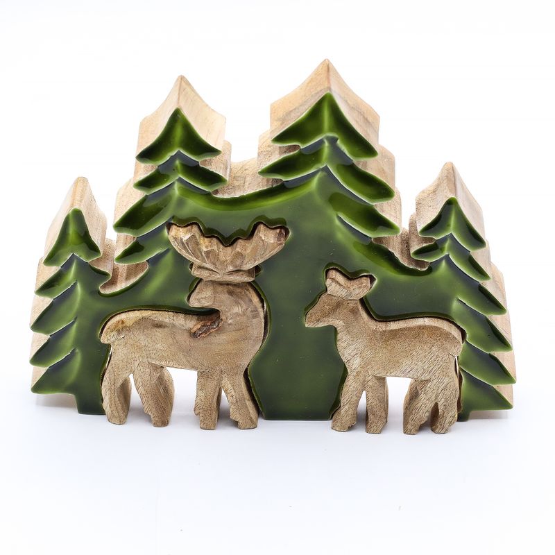 Stratený v Lese - Drevená 3D Dekorácia Dva Jelene v Lese - 18x23cm