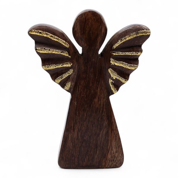 Stredný Anjel z Mangového Dreva - Zlatý Dekor - 16cm