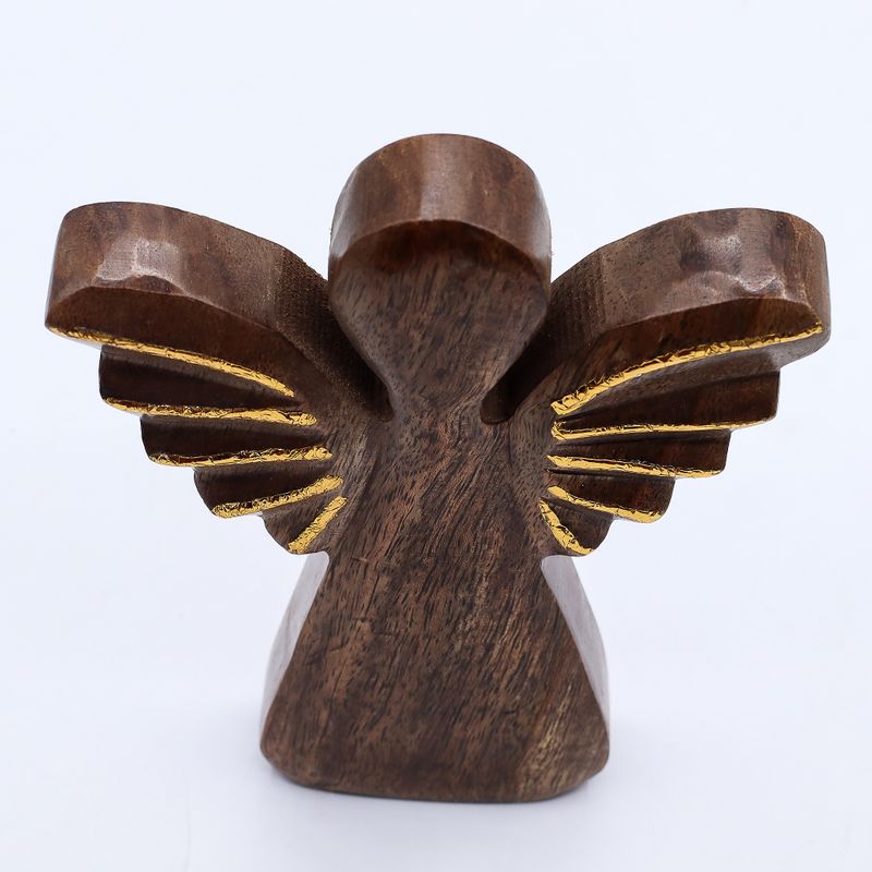 Veľký Anjel z Mangového Dreva - Zlatý Dekor- 19cm