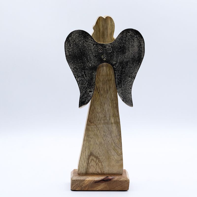 Veľký Anjel Mieru z Mangového Dreva s Kovovými Krídlami a Smaltovaným Detailom - 30 cm