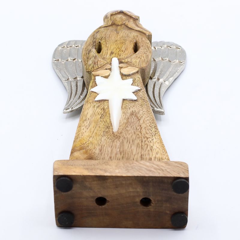 Veľký Anjel Mieru z Mangového Dreva s Kovovými Krídlami a Smaltovaným Detailom - 30 cm
