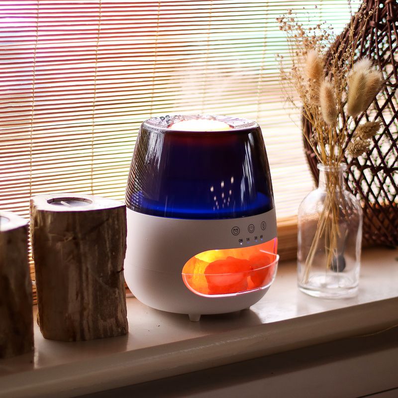 Aroma Difuzér s Himalájskou Soľou a Efektom Plameňa – Biely USB – Meniace Farby a Časovač