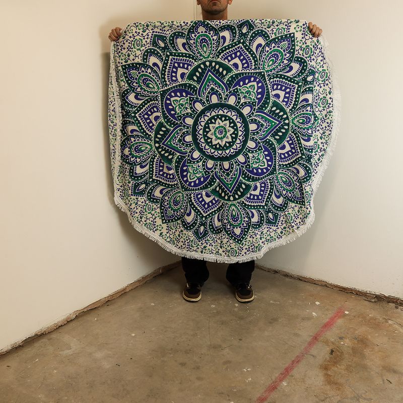 Malá Kruhová Výšivka Mandala z Bavlny (130cm) - Tyrkysová a Modrá
