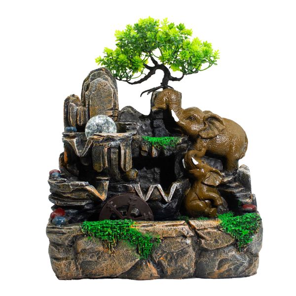 Stolová Fontána – 30 x 20 x 35 cm – Motív Slona, Krištáľová Guľa, Osvetlenie a Vodný Mlyn