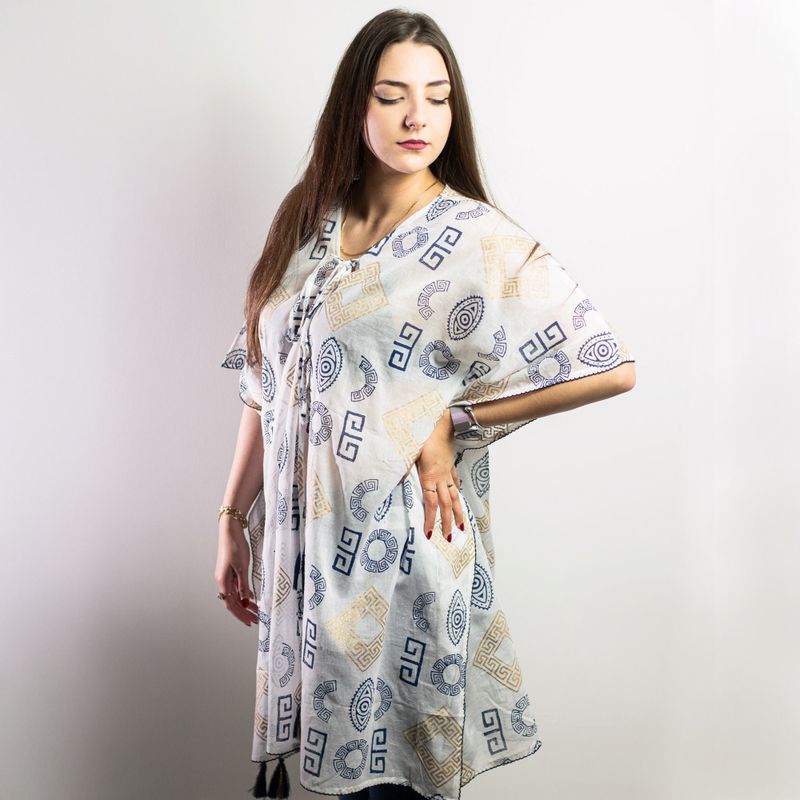 Nomád Sari - Kaftan - Zlatý a Modrý Grécky Motív - Ručne Maľovaný