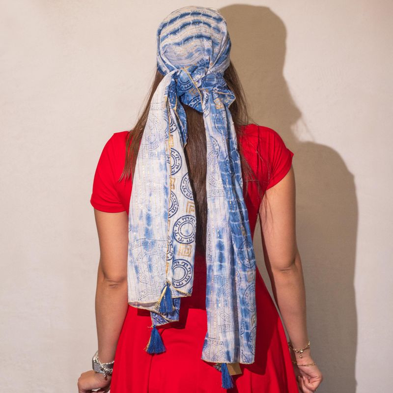 Nomad Sari - Letná Šatka -  180x50cm -  Potlač Marbella - Modrá so Zlatým Lemom