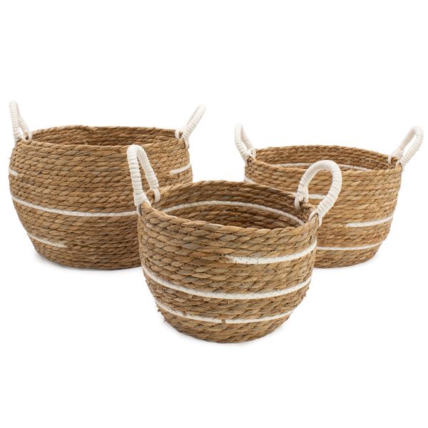 Veľké Košíky z Bavlny a Morskej Trávy - Prírodné Pruhy - Sada 3 Kusov (32,5 cm 29,5 cm 24 cm)