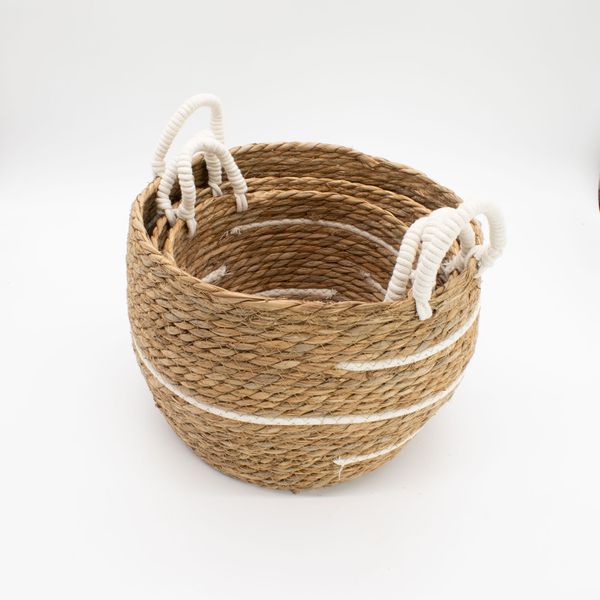 Veľké Košíky z Bavlny a Morskej Trávy - Prírodné Pruhy - Sada 3 Kusov (32,5 cm 29,5 cm 24 cm)
