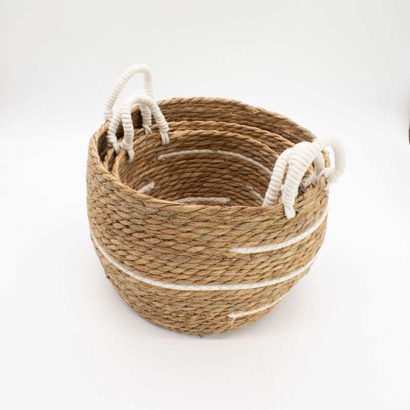 Veľké Košíky z Bavlny a Morskej Trávy - Prírodné Pruhy - Sada 3 Kusov (32,5 cm 29,5 cm 24 cm)
