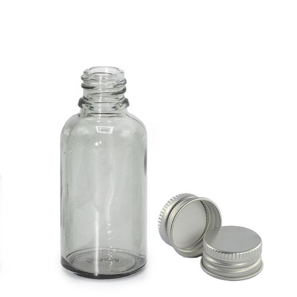 30 ml dymovo sivá sklenená fľaša s kvapátkom s hliníkovým uzáverom