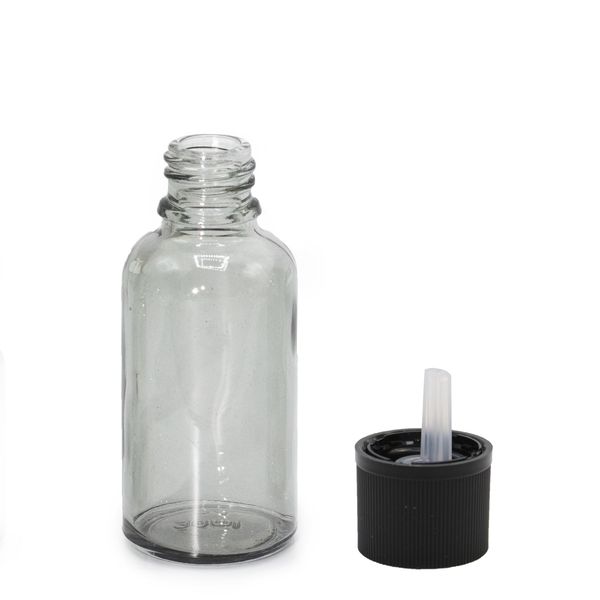 30 ml sklenená fľaša s kvapkadlovým uzáverom proti deťom, v dymovo sivej farbe