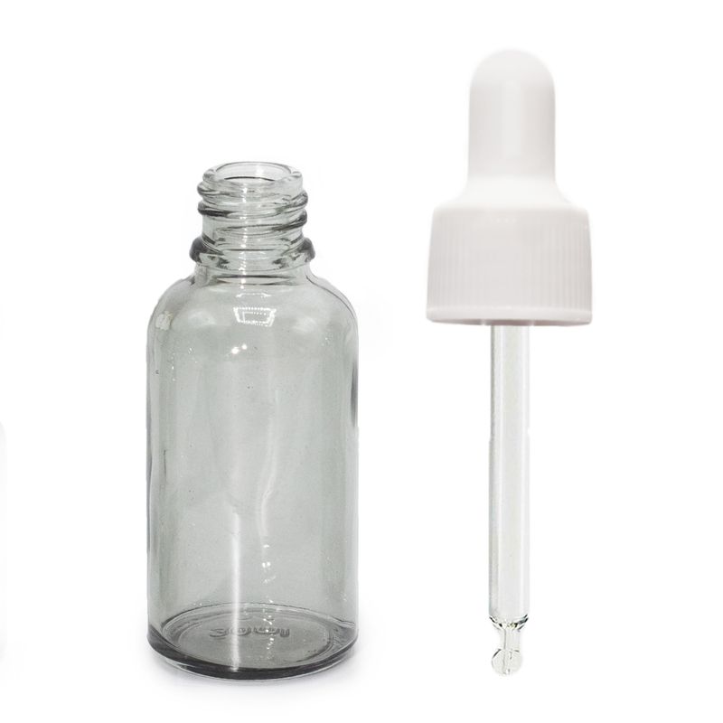 30 ml dymovošedá sklenená fľaštička s kvapátkom s bielou pipetou