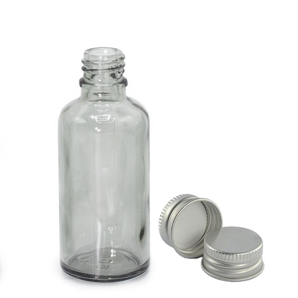 50 ml dymová šedá sklenená fľaštička s kvapkadlom a hliníkovým uzáverom