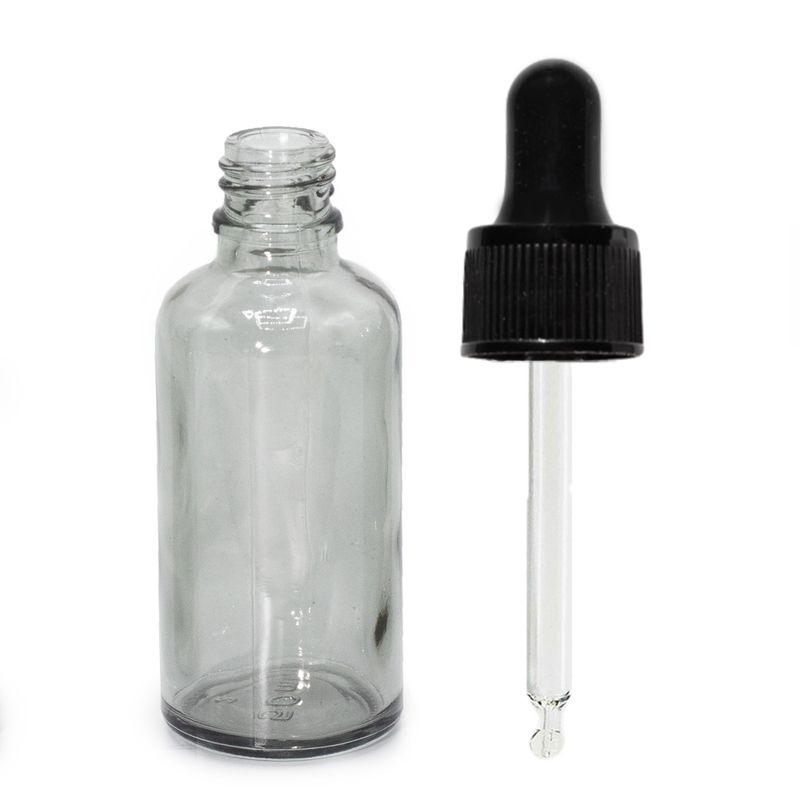 50 ml sklenená fľaštička s kvapkadlom v dymovo sivej farbe a čiernou pipetou