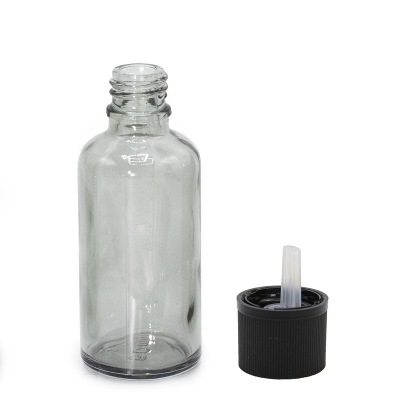 50 ml sklenená fľaša s pipetou v dymovo sivej farbe, uzáver proti otvoreniu deťmi