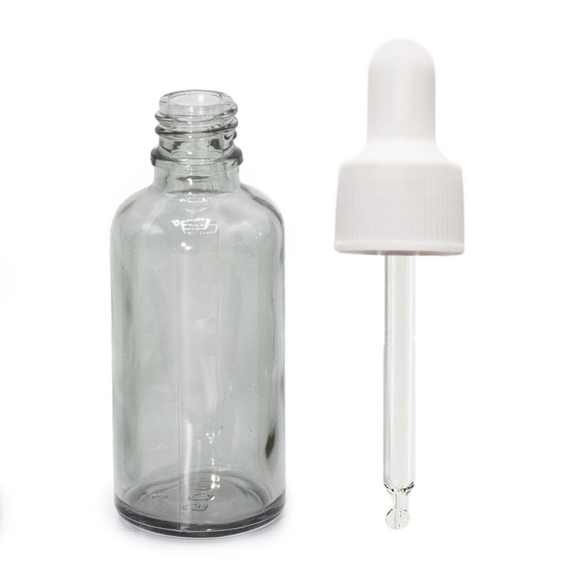 50 ml dymovo-sivá sklenená fľaša s kvapkadlom a bielou pipetou