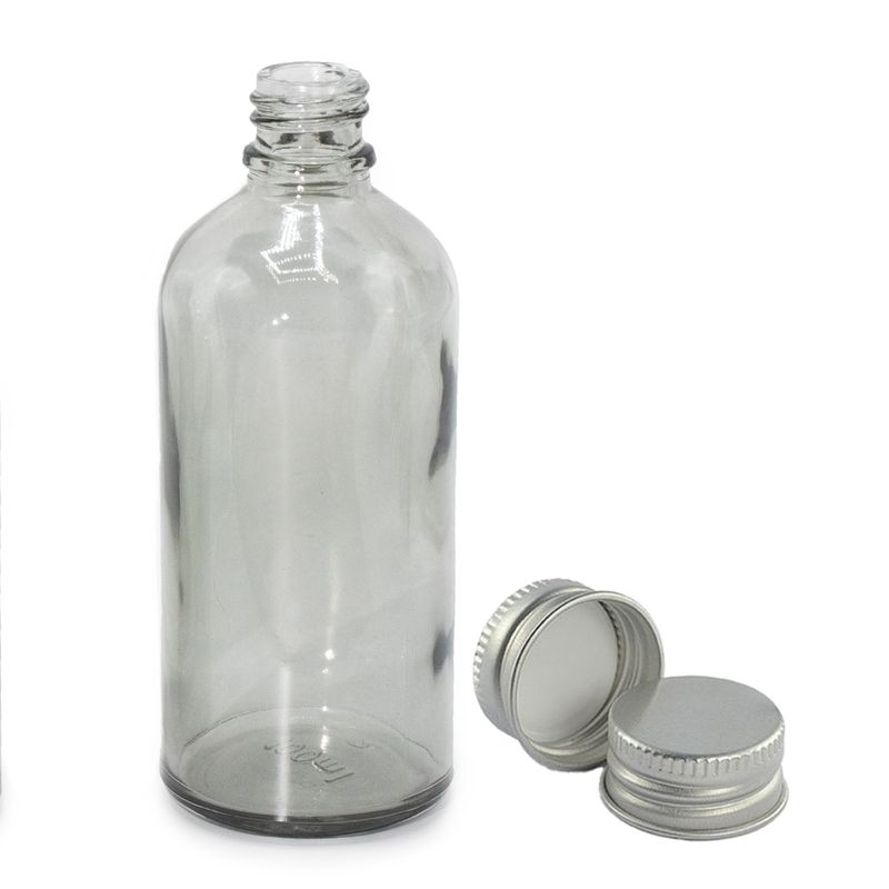 100 ml dymová sivá sklenená fľaša s kvapkadlom a hliníkovým uzáverom