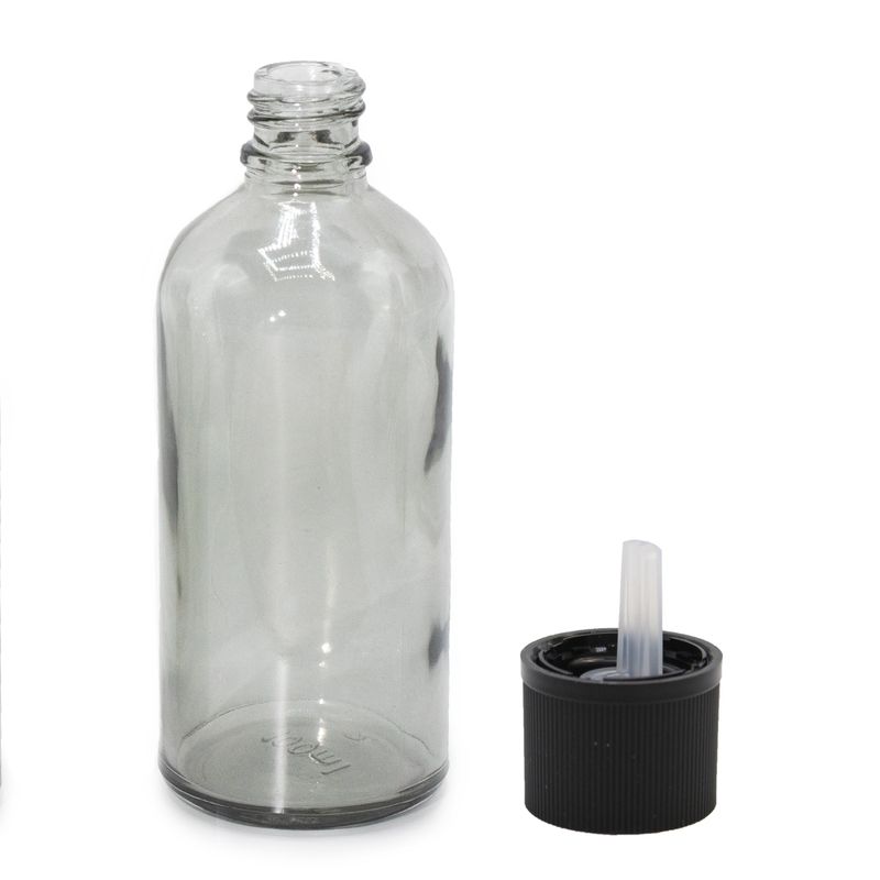 100 ml sklenená fľaša s kvapkacím uzáverom odolným voči deťom v dymovo-sivej farbe