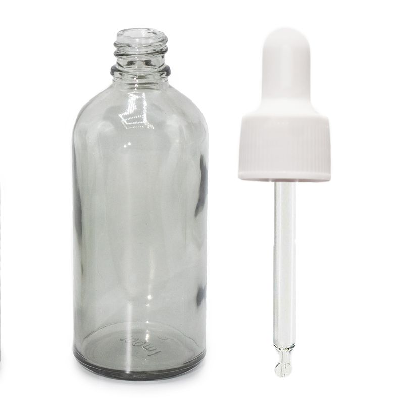 100 ml dymovo sivá sklenená fľaštička s kvapkadlom a bielou pipetou