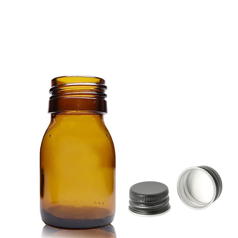 30 ml Fľaška z Jantárového Skla s Hliníkovým Čiernym Uzáverom