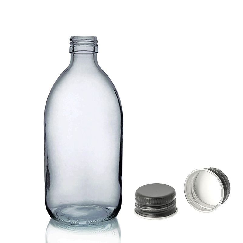 250 ml Lieková Fľaška z Dymového Sivého Skla s Hliníkovým Čiernym Uzáverom