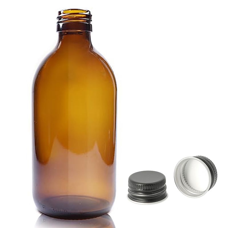 300ml Fľaška z Jantárového Skla s Hliníkovým Čiernym Uzáverom