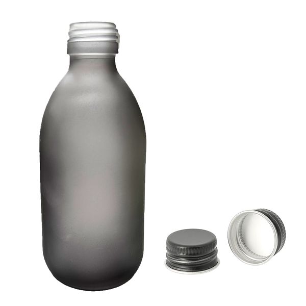 300ml Lieková Fľaška z Dymového Sivého Skla s Hliníkovým Čiernym Uzáverom