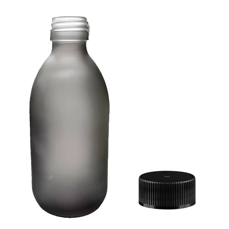 300ml Liekovka z Dymovo-Sivého Skla s Čiernym Plastovým Uzáverom