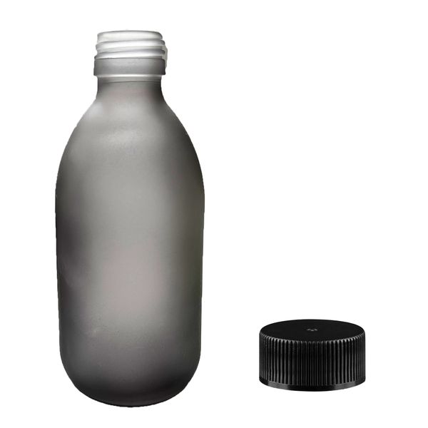 300ml Liekovka z Dymovo-Sivého Skla s Čiernym Plastovým Uzáverom