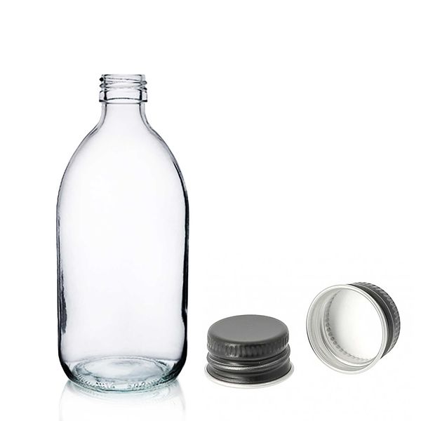 150ml Lieková Fľaška z Číreho Skla s Čiernym Hliníkovým Uzáverom