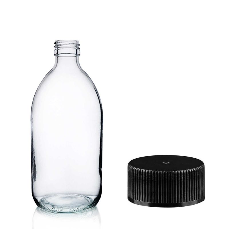 150ml Lieková Fľaška z Číreho Skla s Čiernym Plastovým Uzáverom