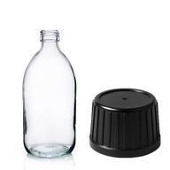 150ml Lieková Fľaška z Číreho Skla s Čiernym Uzáverom