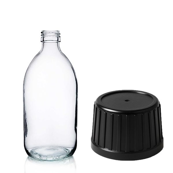 150ml Lieková Fľaška z Číreho Skla s Čiernym Uzáverom