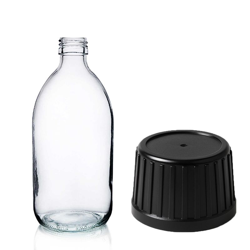 200ml Lieková Fľaška z Číreho Skla s Čiernym Uzáverom