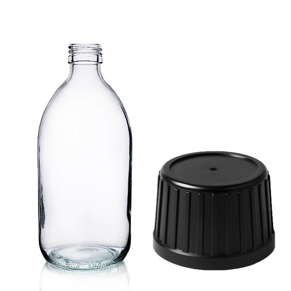 200ml Lieková Fľaška z Číreho Skla s Čiernym Uzáverom