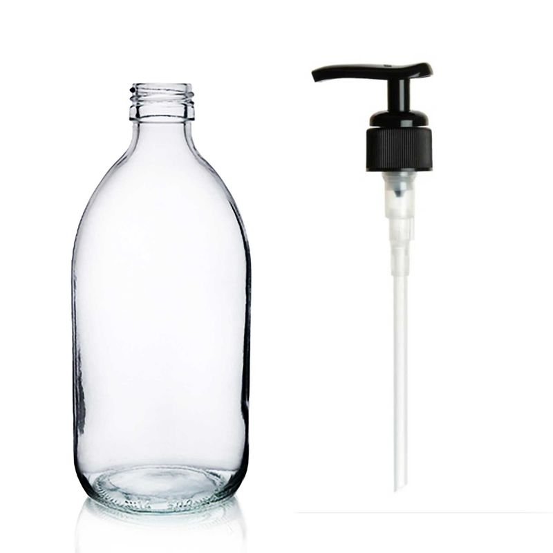 200ml Lieková Fľaška z Číreho Skla s Čiernou Plastovou Pumpičkou