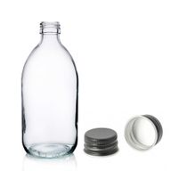300ml Lieková Fľaška z Číreho Skla s Čiernym Hliníkovým Uzáverom