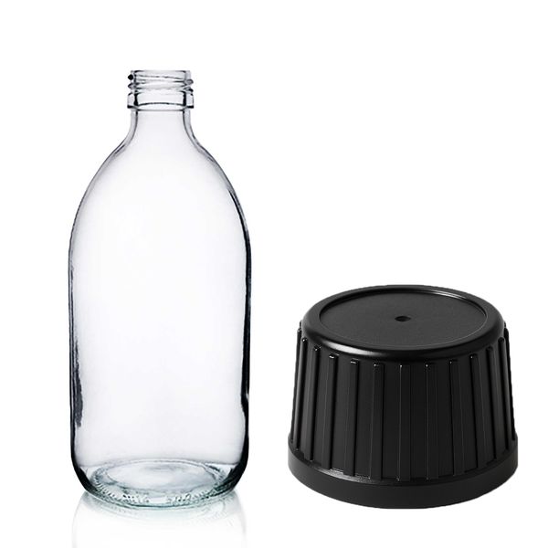 300ml Lieková Fľaška z Číreho Skla s Čiernym Uzáverom